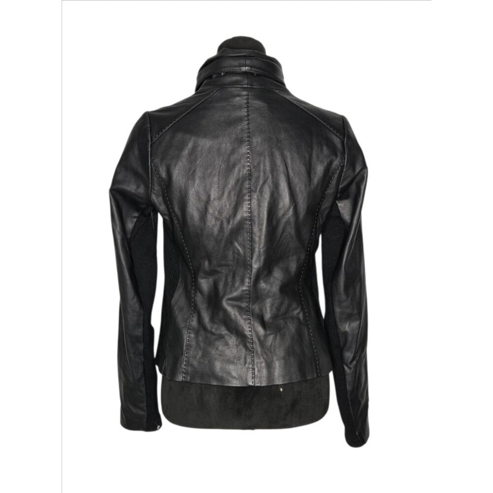 Vince Black Lamb Leather Asymmetrical Scuba Moto Jacket Ribbed Knit Panels Sz M - Picture 4 of 8